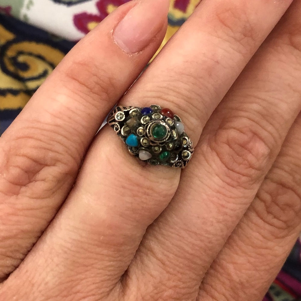 Vintage Tibetan Sterling Silver Multi Gemstone Ring